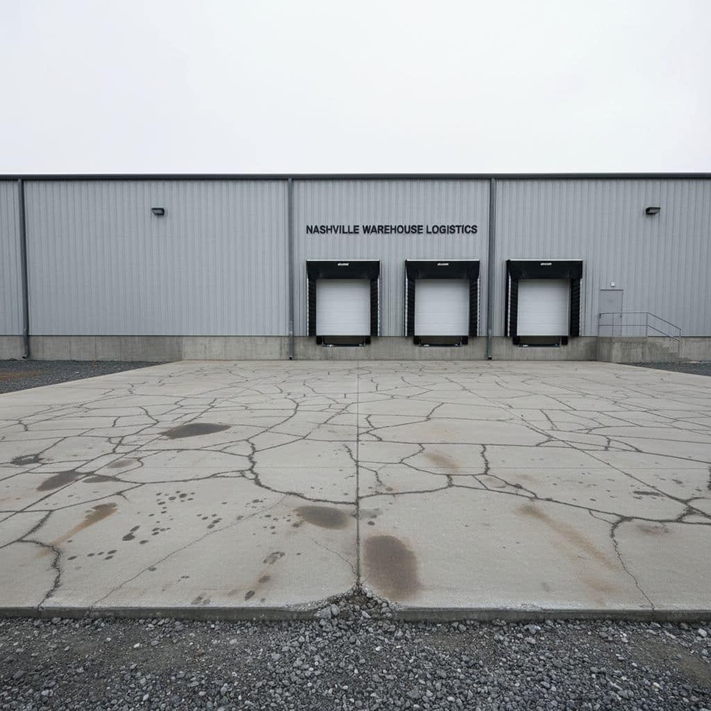 Damaged commercial concrete slab before Pumas Concrete replacement