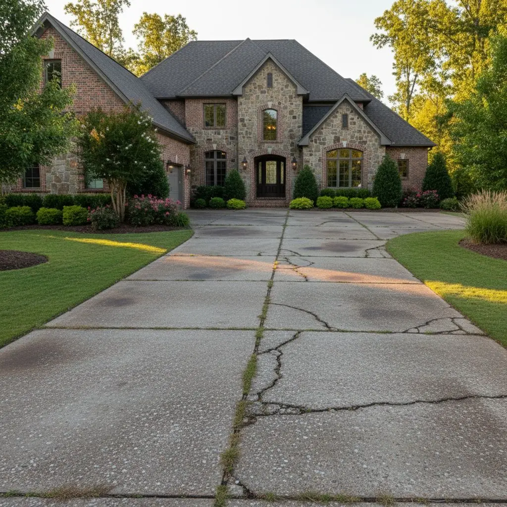 Cracked residential concrete driveway before Pumas Concrete repair